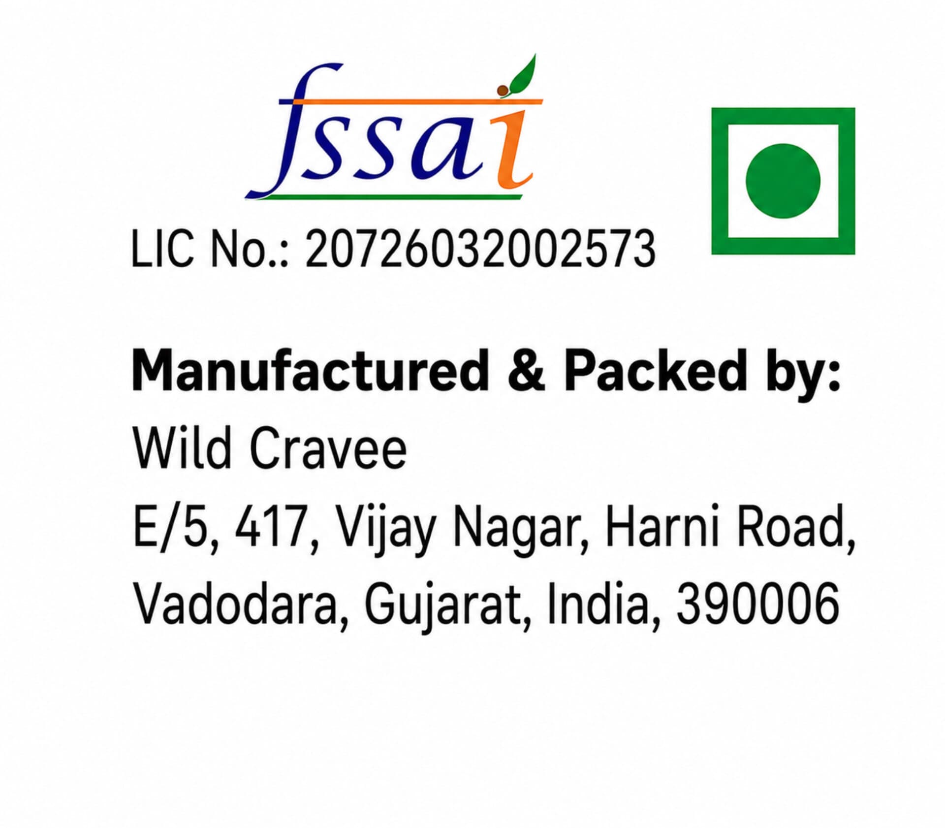 FSSAI licence and manufacturer details for Wild Cravee